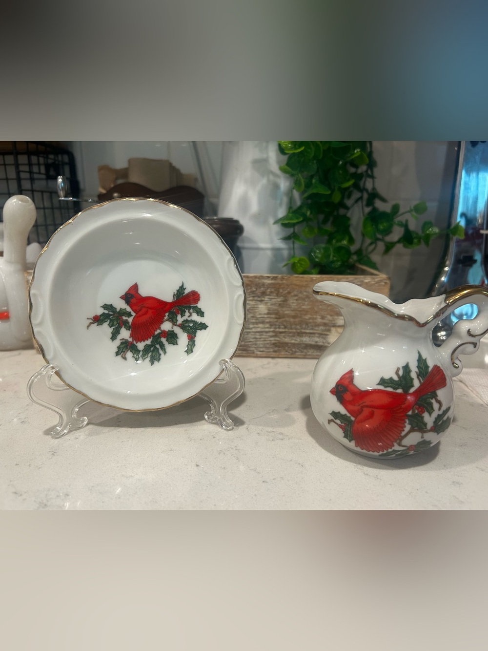 Vintage Lefton China Cardinal & Holly Miniature Creamer & Saucer Set